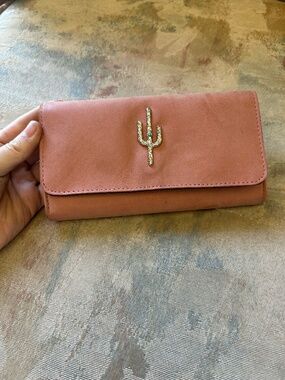 dusty rose wallet with silver cactus detail + turquoise gem - basically new